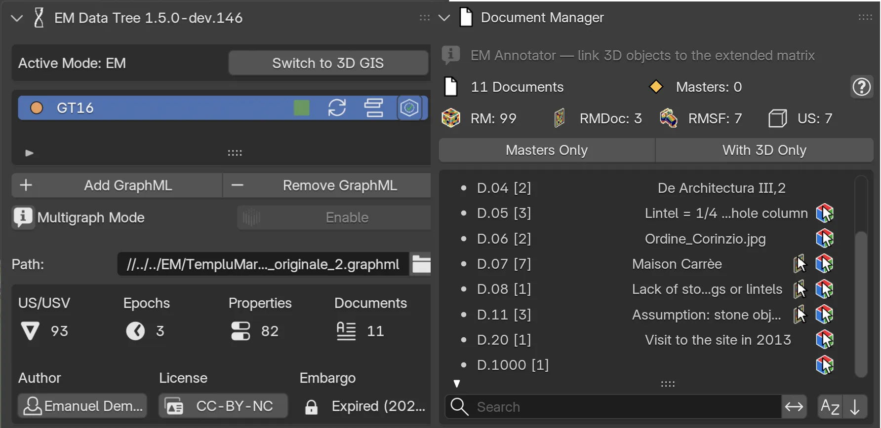 EM Tools side panel in Blender with the tree of units, documents, extractions and properties